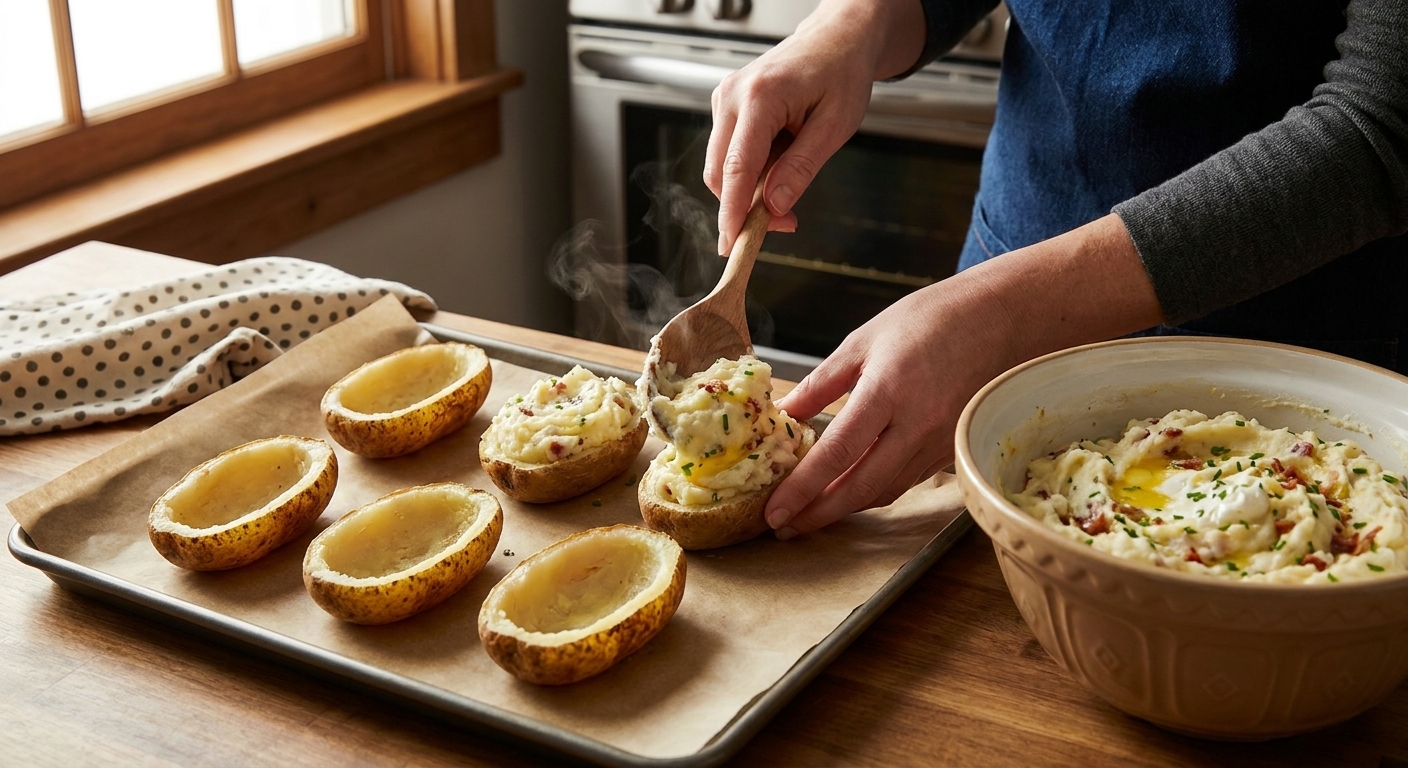 Potato skins on a baking sheet being filled with creamy mashed potato mixture before the second bake