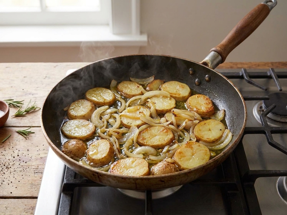 Potato slices and softened onions cooking slowly in olive oil in a nonstick skillet on a stovetop