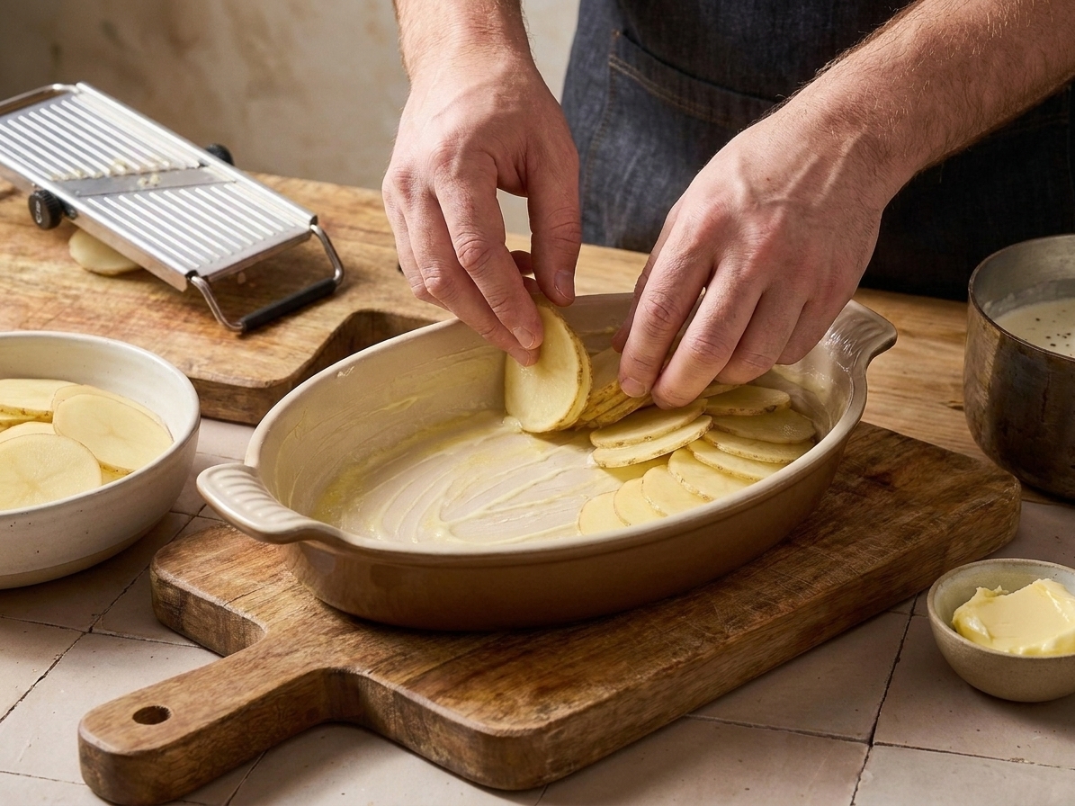 Potato slices layered in a buttered baking dish before baking