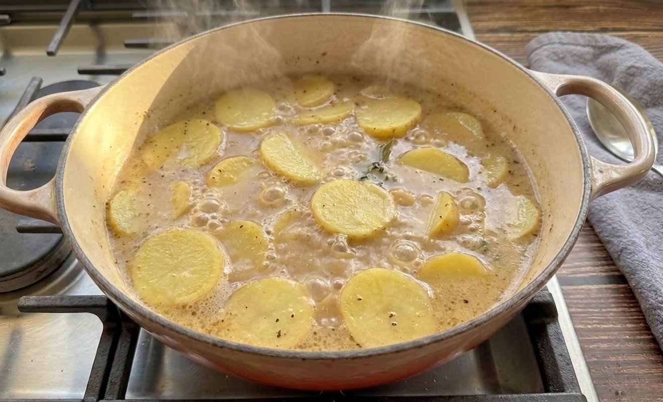 Potato slices simmering in a savory broth in a Dutch oven, small bubbles breaking the surface