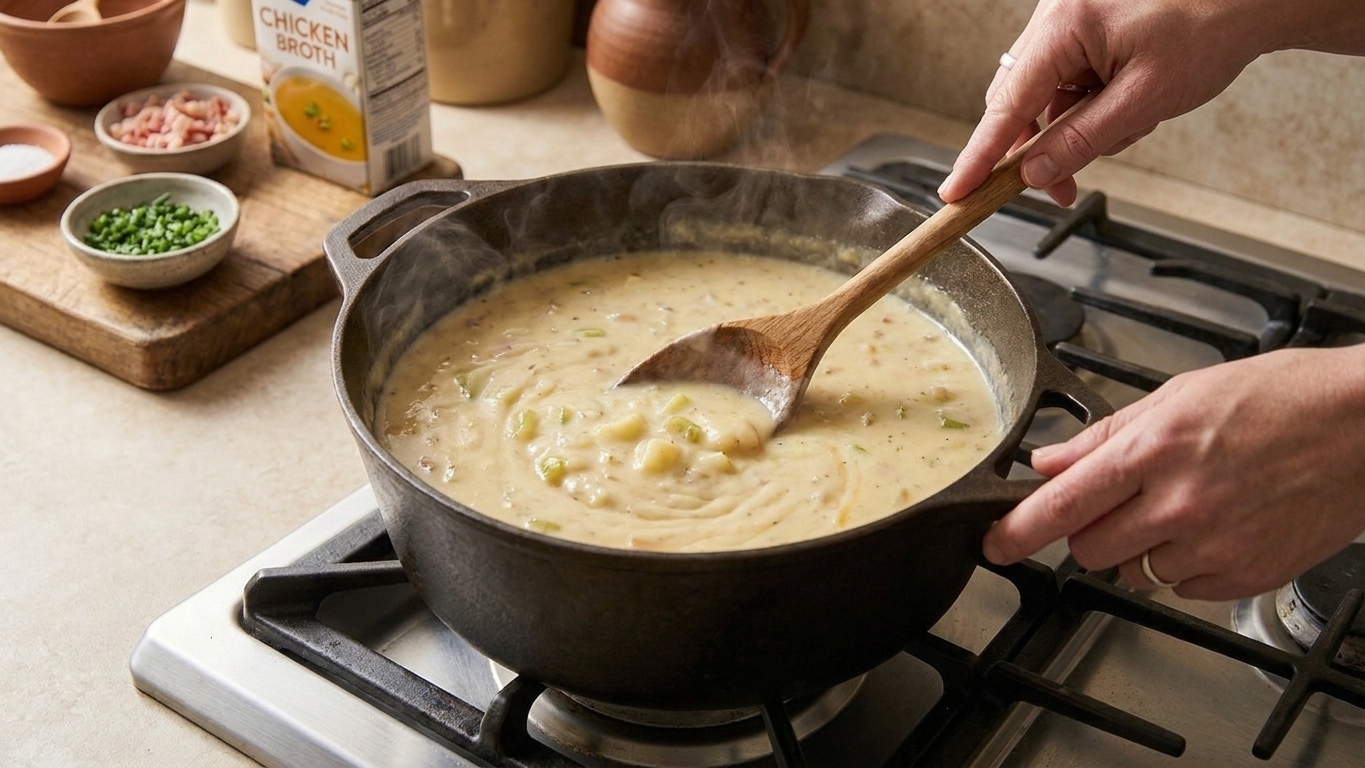 Potato soup simmering in a Dutch oven on the stovetop with a wooden spoon stirring the creamy broth