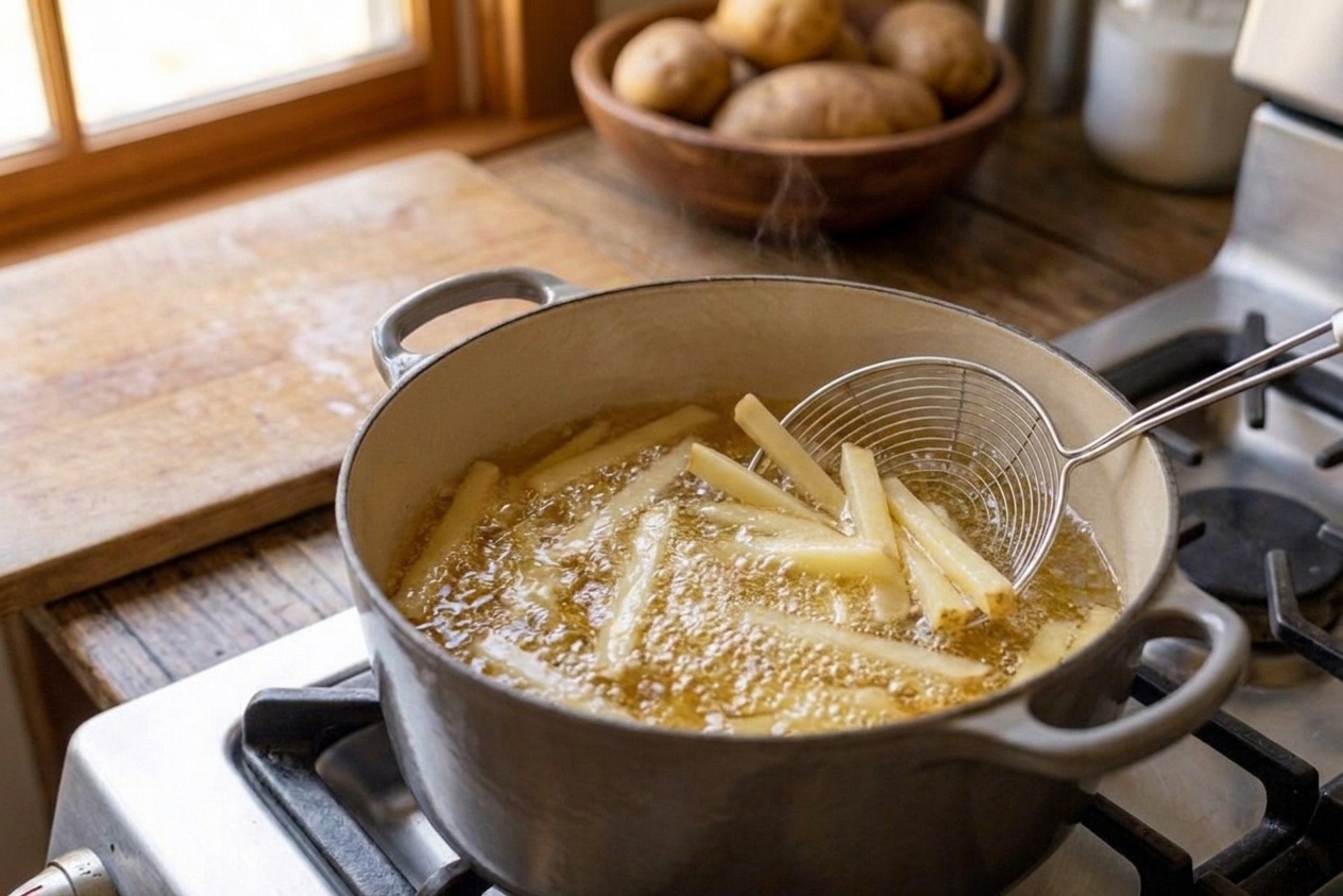 Potato sticks frying in hot oil in a Dutch oven, lightly bubbling at the surface
