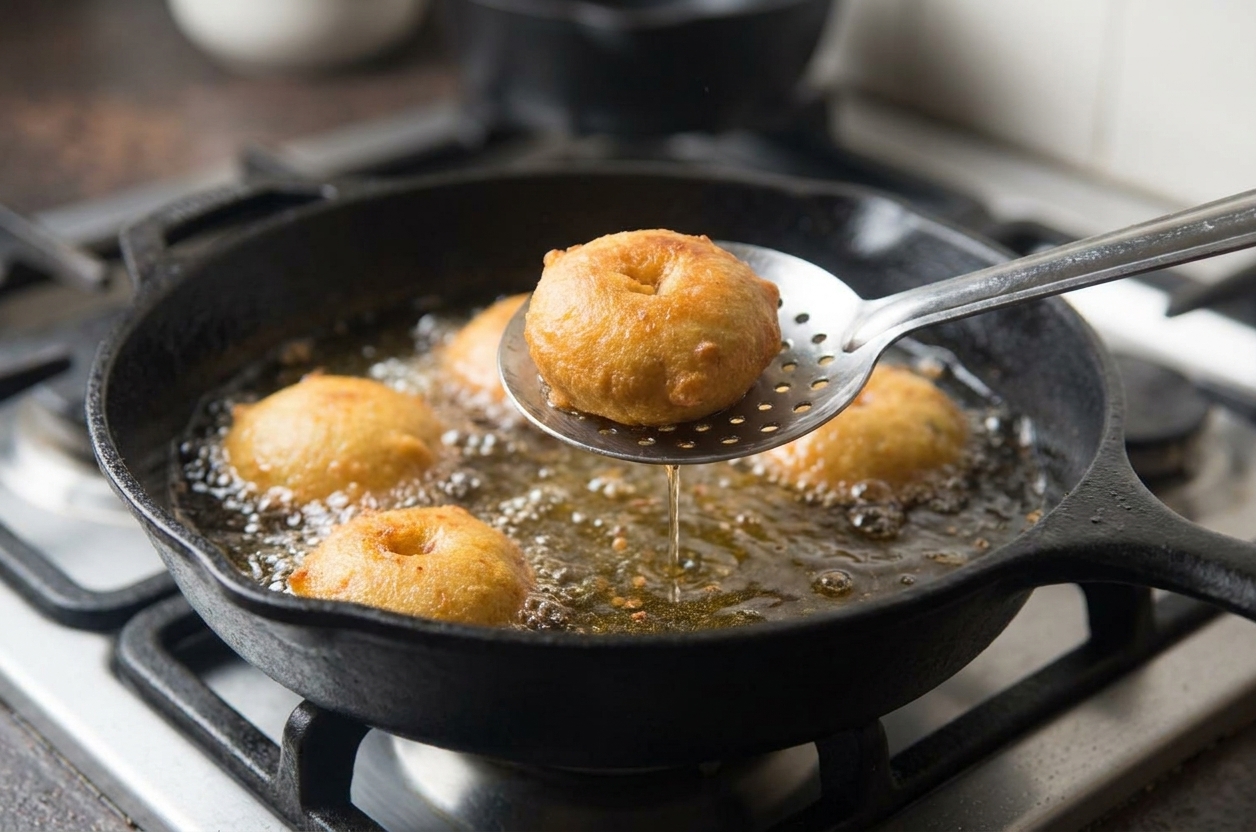 Potato vadas frying in bubbling oil in a deep skillet, with a slotted spoon lifting one golden fritter
