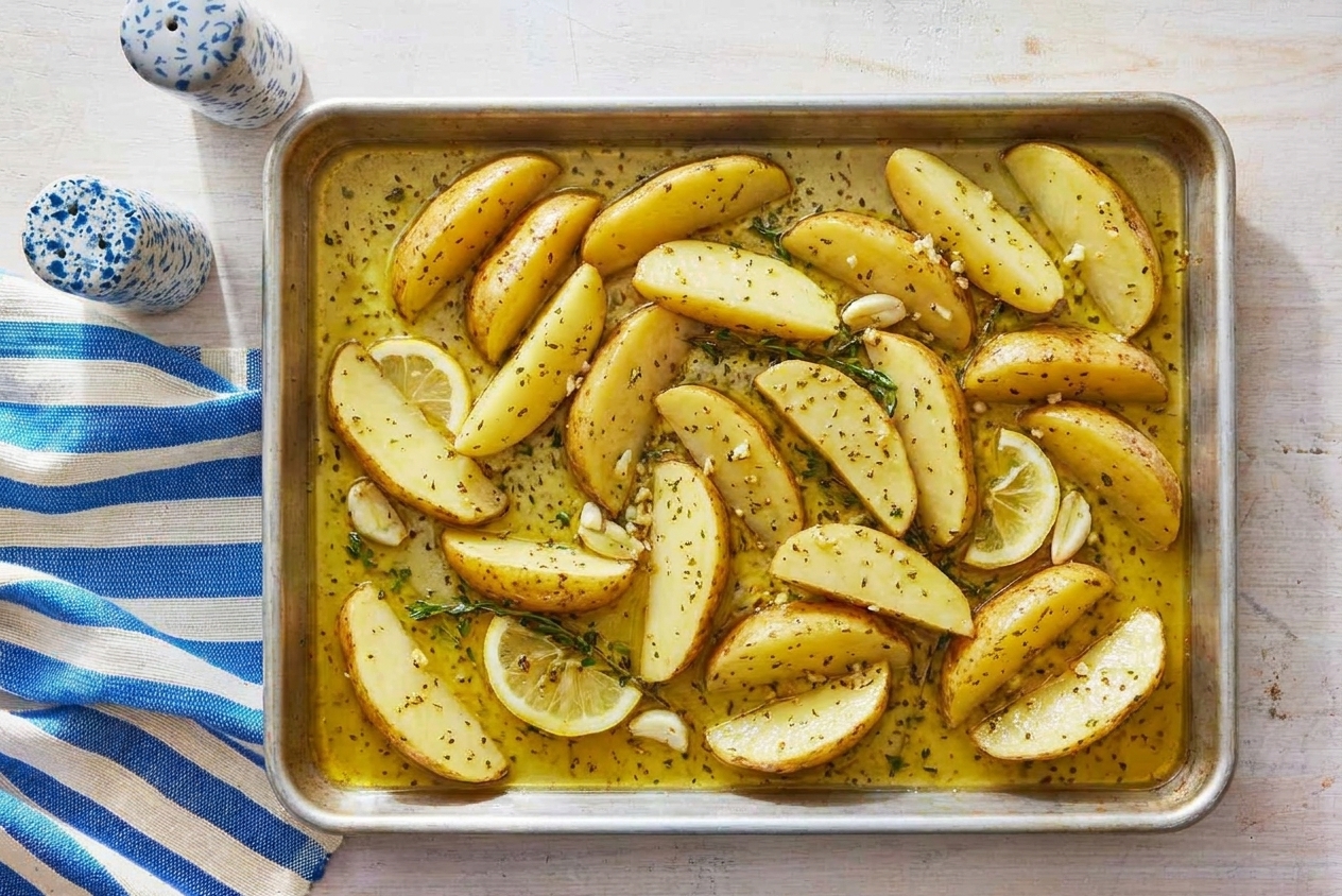 Potato wedges arranged on a rimmed sheet pan with lemony broth pooling around them before roasting