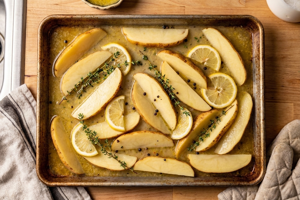 Potato wedges arranged on a rimmed sheet pan with a shallow pool of lemony broth around them, ready to go into the oven