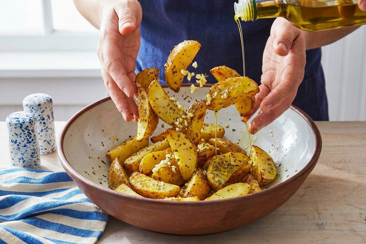 Potato wedges being tossed with olive oil, garlic, and oregano in a large mixing bowl on a home kitchen counter
