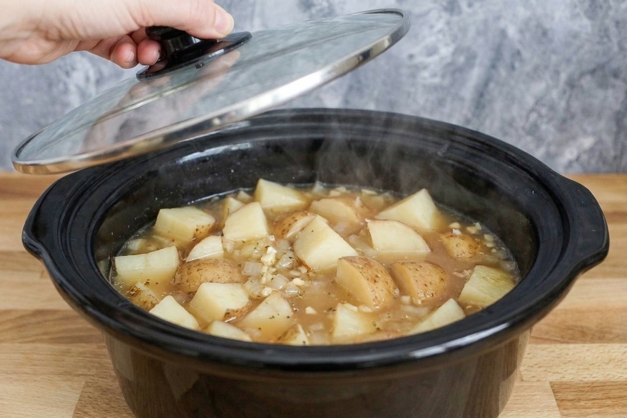 Potatoes and broth simmering inside a slow cooker with the lid lifted slightly, steam rising
