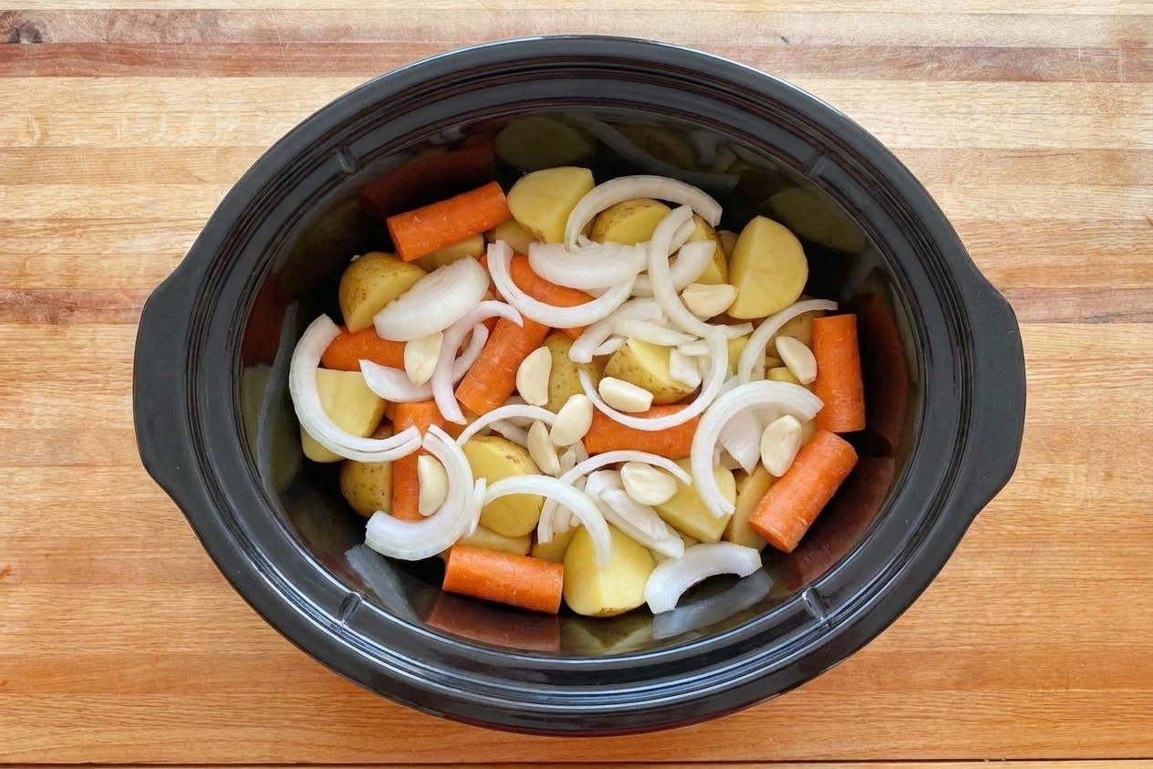 Potatoes and carrot chunks layered in a slow cooker with sliced onions and garlic scattered on top