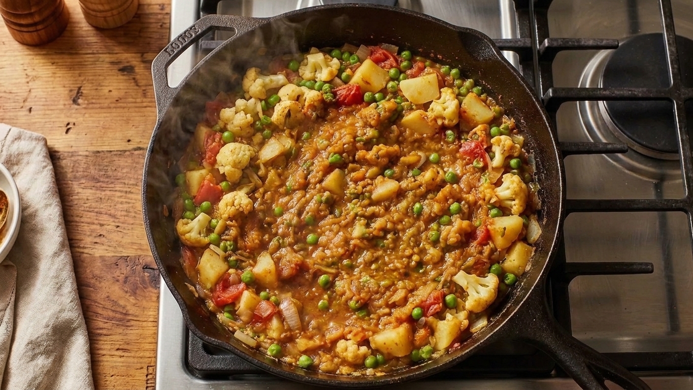 Potatoes and cauliflower simmering in a pot on the stove with steam rising