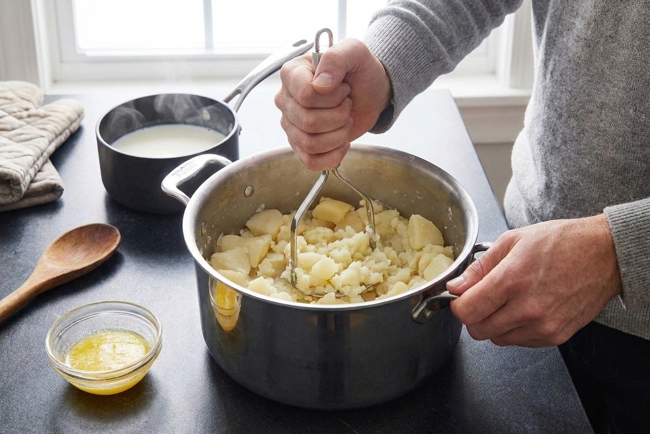 Potatoes being mashed in a pot on a kitchen counter, with melted butter and warm milk nearby
