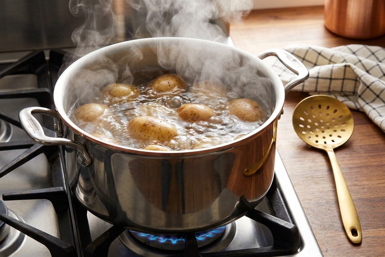 Potatoes boiling in a large pot on a stovetop with steam rising, with a slotted spoon resting nearby