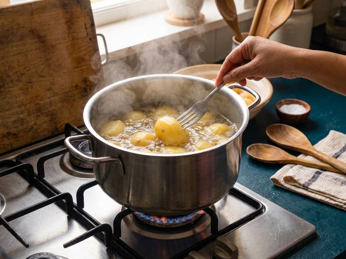 Potatoes boiling in a pot on a stovetop with steam rising in a home kitchen