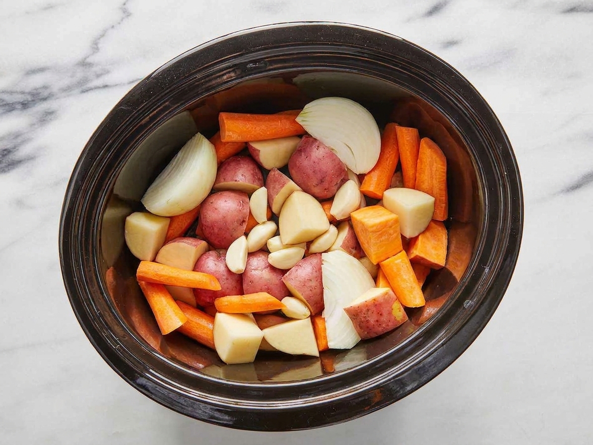 Potatoes, carrots, onion, and garlic layered in the bottom of a slow cooker insert on a kitchen counter