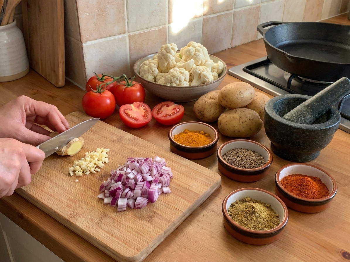 Potatoes, cauliflower florets, onion, garlic, ginger, tomatoes, and small bowls of spices arranged on a kitchen counter with a cutting board