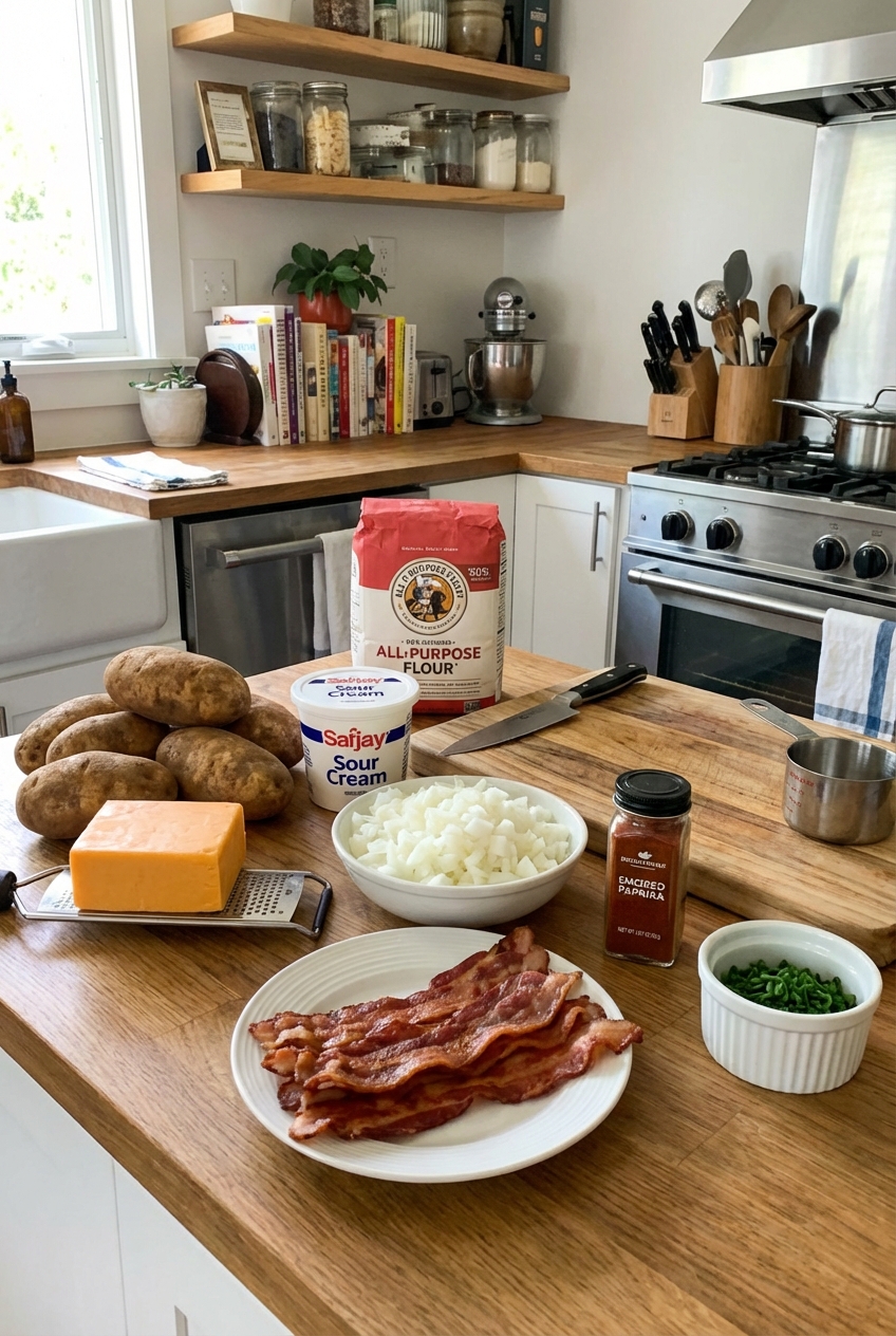 Potatoes, cheddar, sour cream, flour, onions, bacon, smoked paprika, and chives arranged on a kitchen counter
