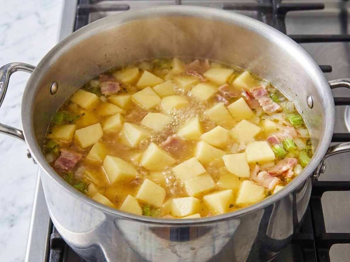 Potatoes simmering in a large pot of broth on a stovetop with gentle bubbles