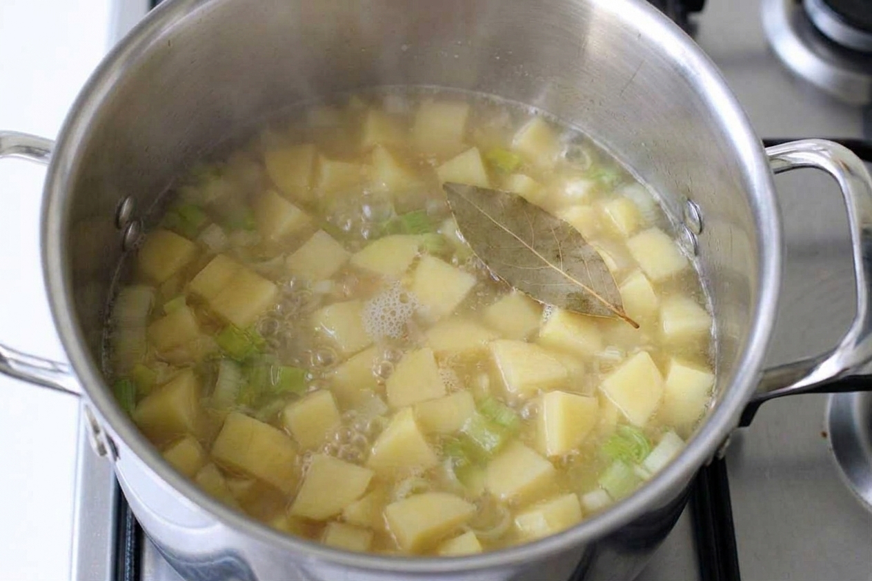 Potatoes simmering in broth in a large pot with a bay leaf floating on the surface
