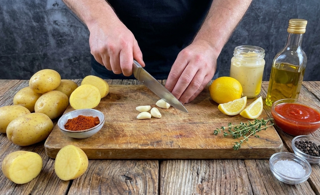 Potatoes, smoked paprika, garlic, mayonnaise, lemon, olive oil, tomato sauce, and spices arranged on a bright kitchen counter with a cutting board