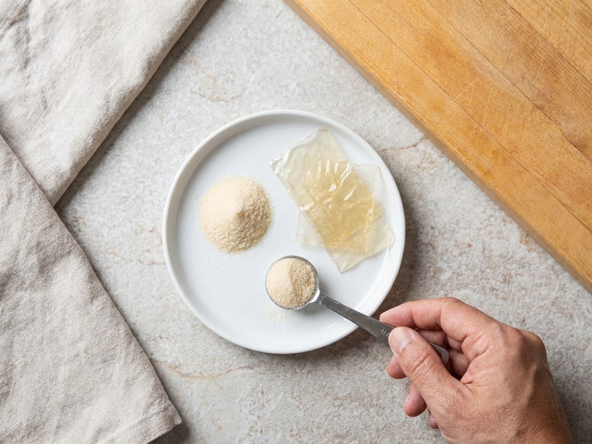 Powdered gelatin and gelatin sheets on a small plate beside a measuring spoon on a kitchen counter