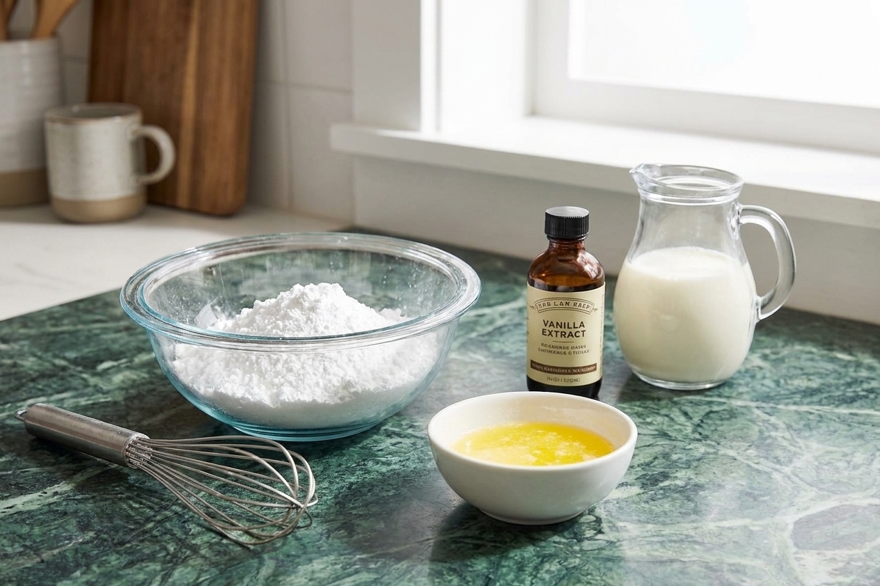 Powdered sugar, a small bowl of melted butter, vanilla extract, and milk measured on a clean kitchen counter in bright natural light