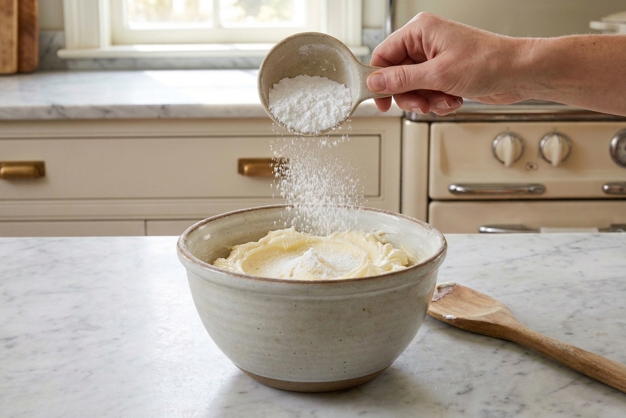 Powdered sugar being added gradually to whipped butter in a mixing bowl