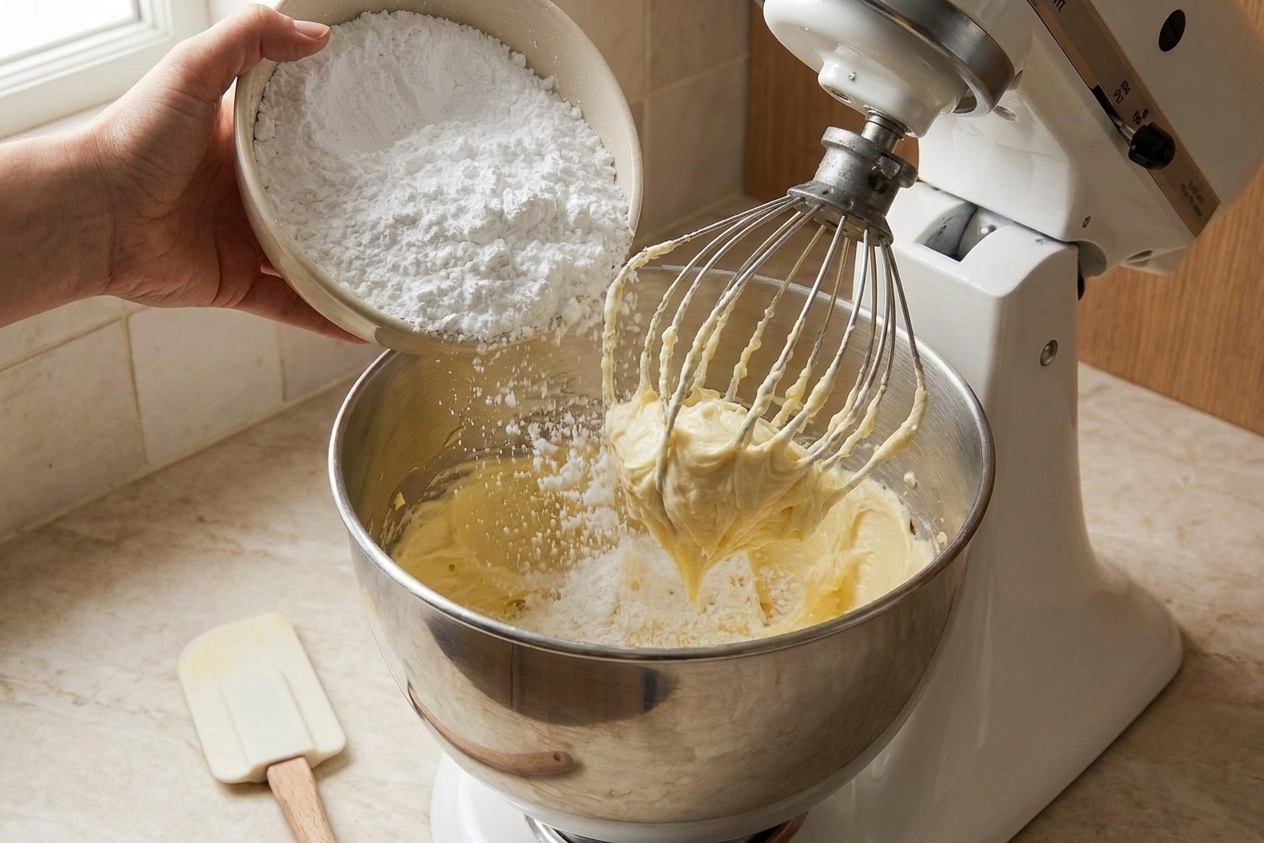 Powdered sugar being added slowly into a mixing bowl while a mixer runs on low speed