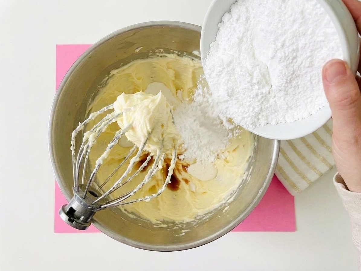 Powdered sugar being added to a mixer bowl while buttercream starts to form