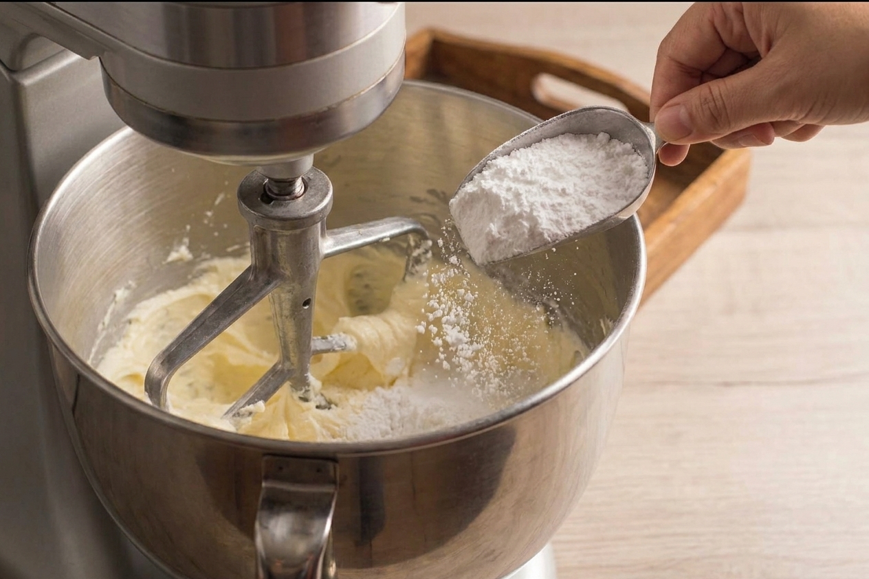 Powdered sugar being added to a mixing bowl while a mixer is on low, on a clean kitchen counter