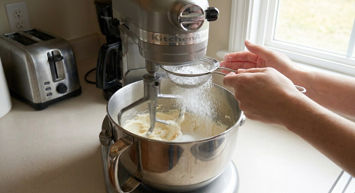 Powdered sugar being added to a mixing bowl while a stand mixer runs on low speed