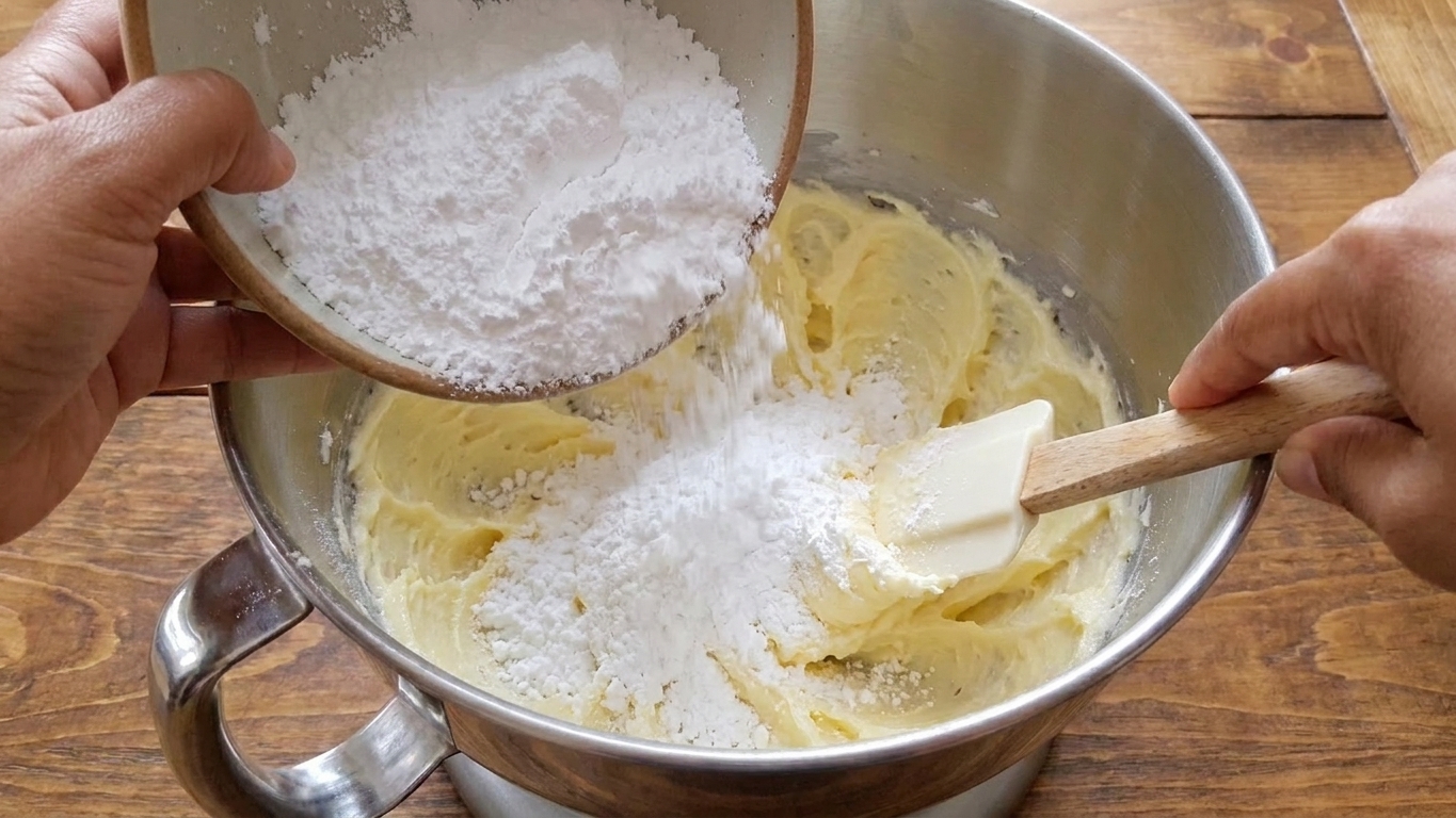 Powdered sugar being added to whipped butter in a mixing bowl, with a spatula scraping the sides