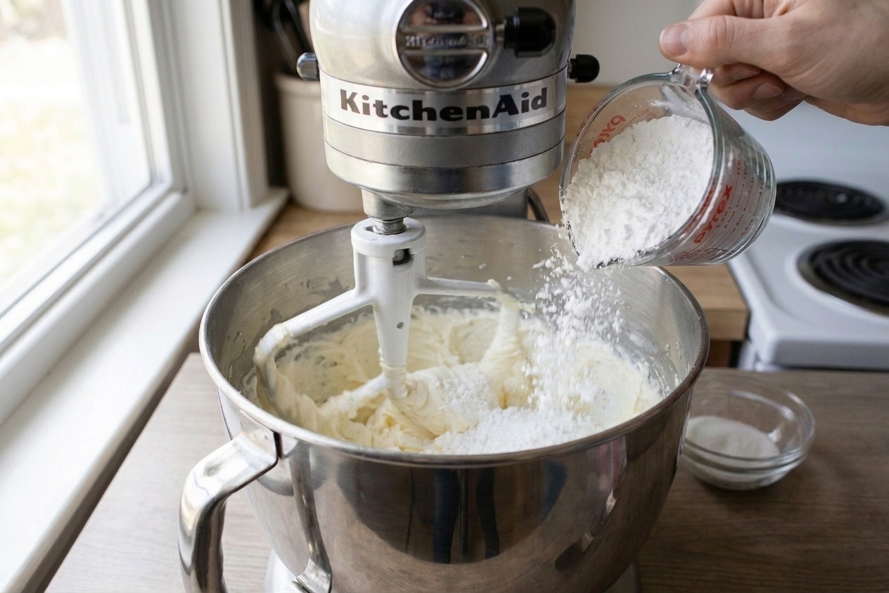 Powdered sugar being poured into a mixing bowl while the mixer runs on low speed