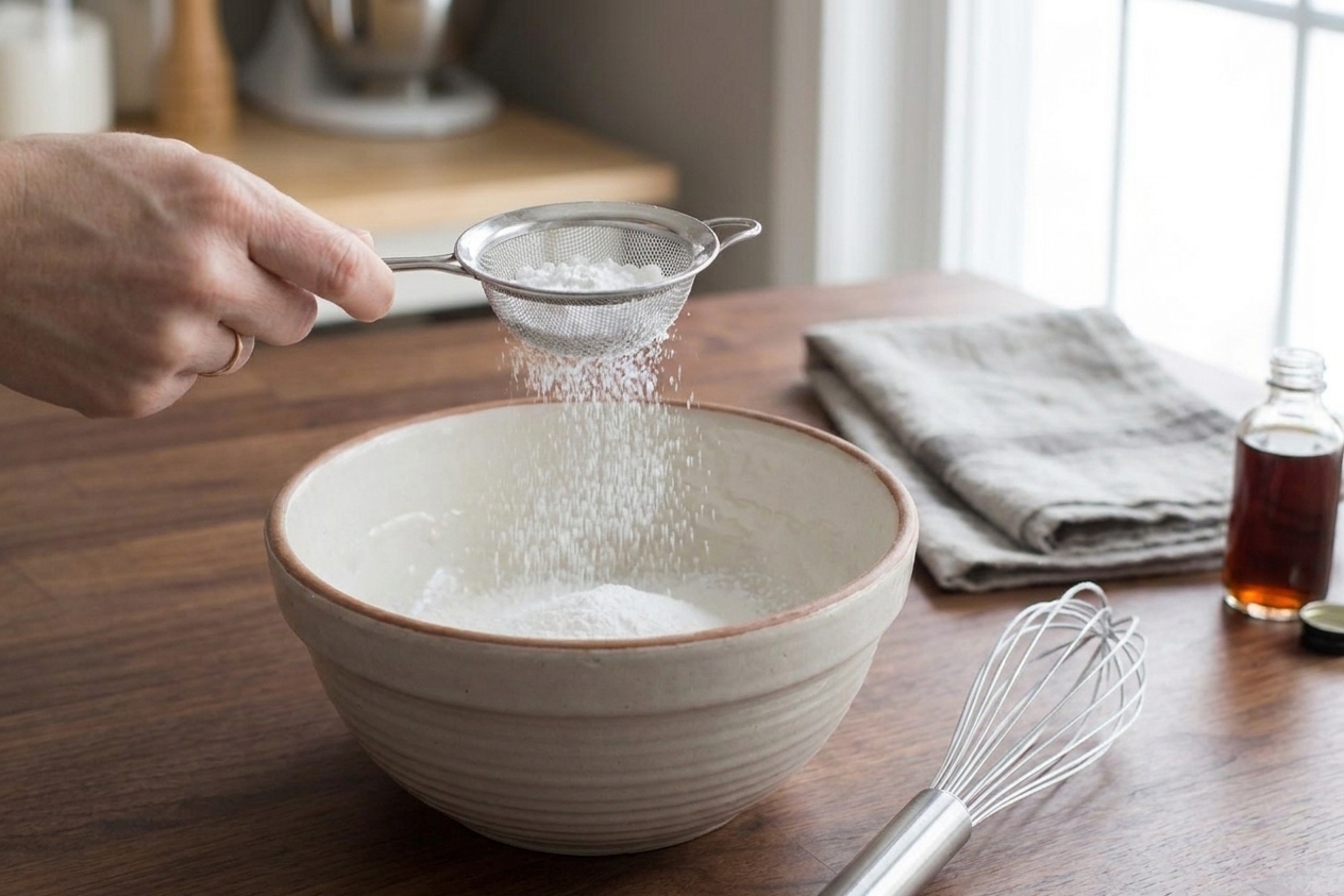Powdered sugar being sifted into a mixing bowl on a bright kitchen counter with a whisk nearby