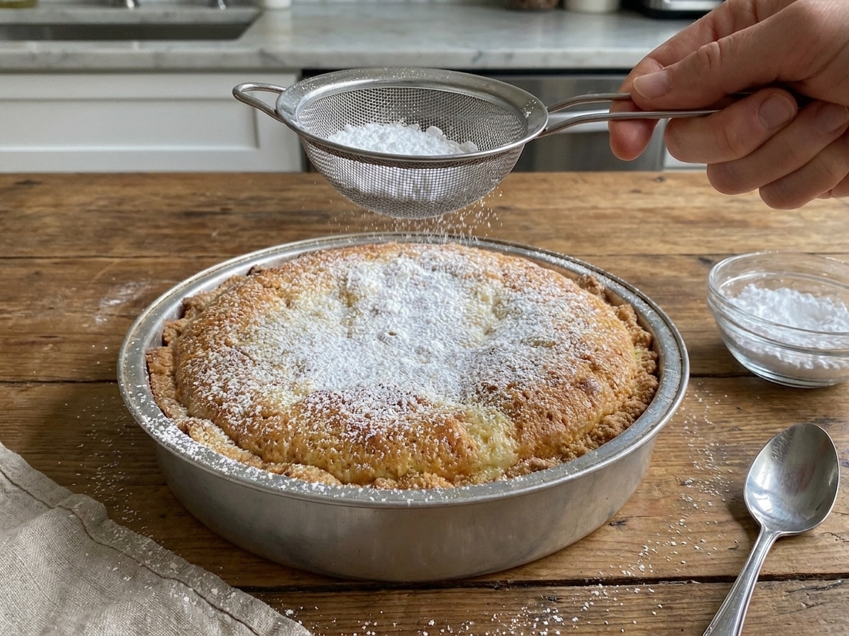 Powdered sugar being sifted over a cooled ooey gooey butter cake in a baking dish on a wooden table