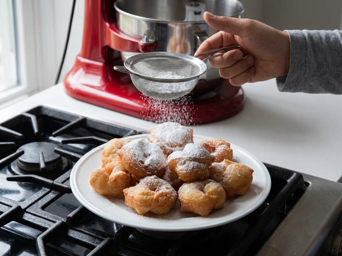 Powdered sugar being sifted over a pile of warm zeppole on a serving plate