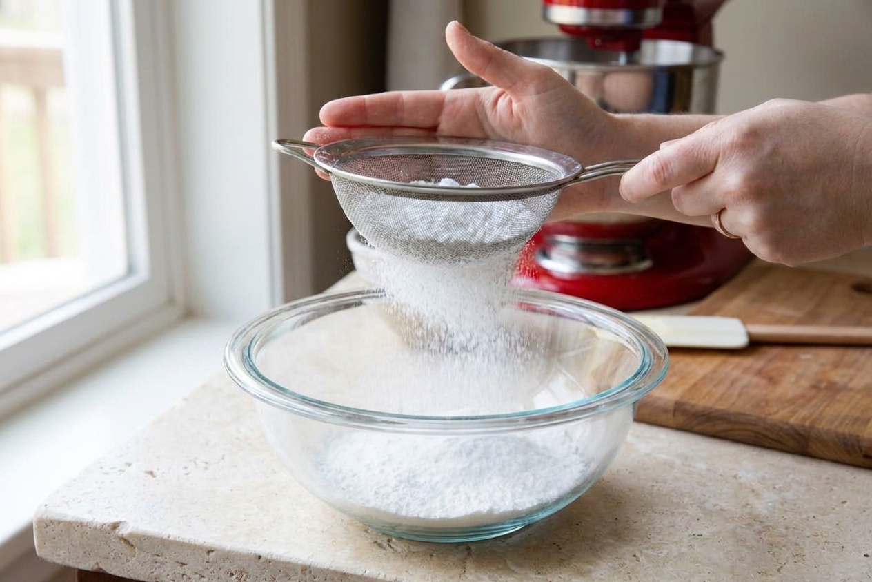 Powdered sugar being sifted through a fine mesh sieve into a mixing bowl on a light stone countertop