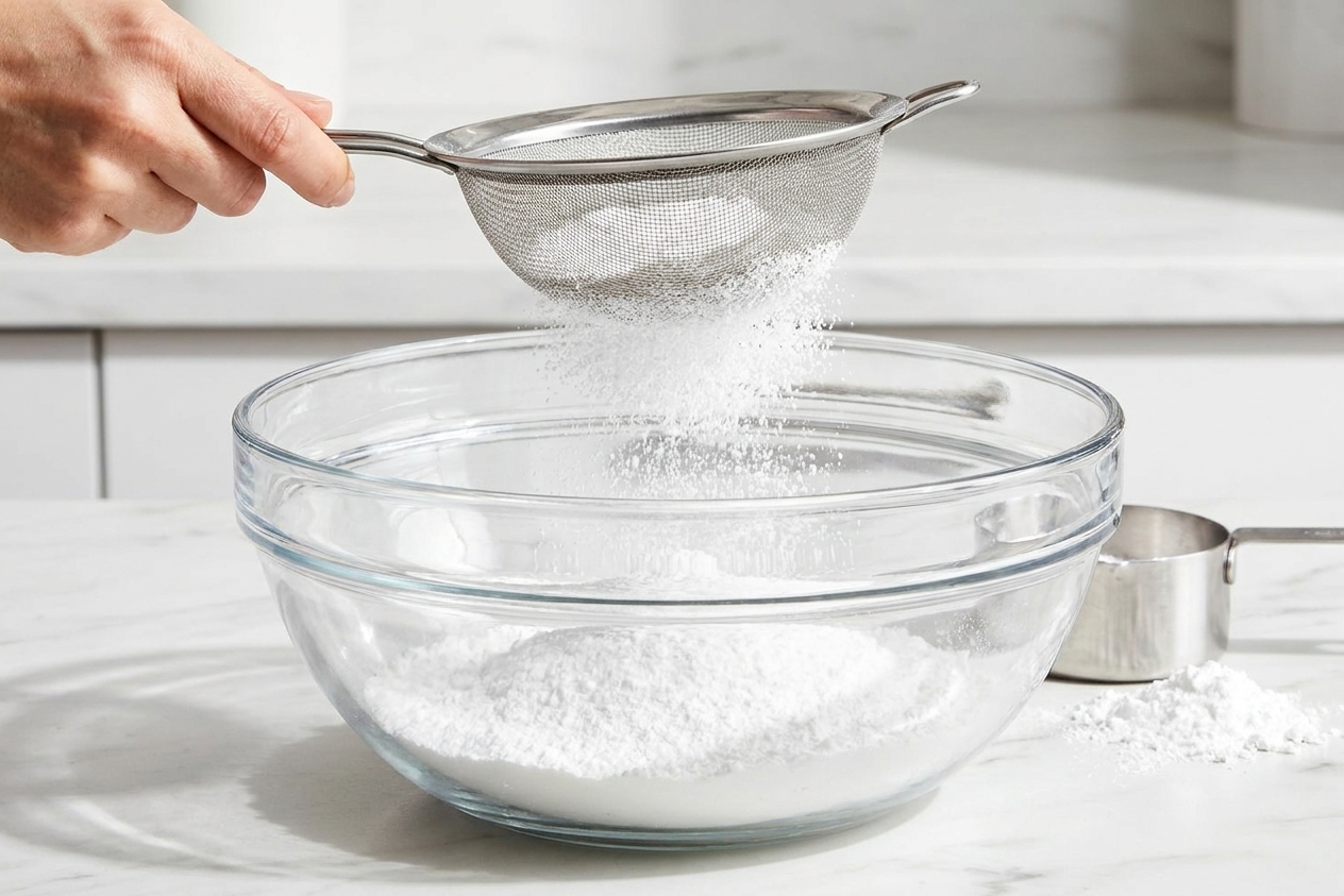 Powdered sugar being sifted through a fine mesh sieve into a large mixing bowl on a clean kitchen counter