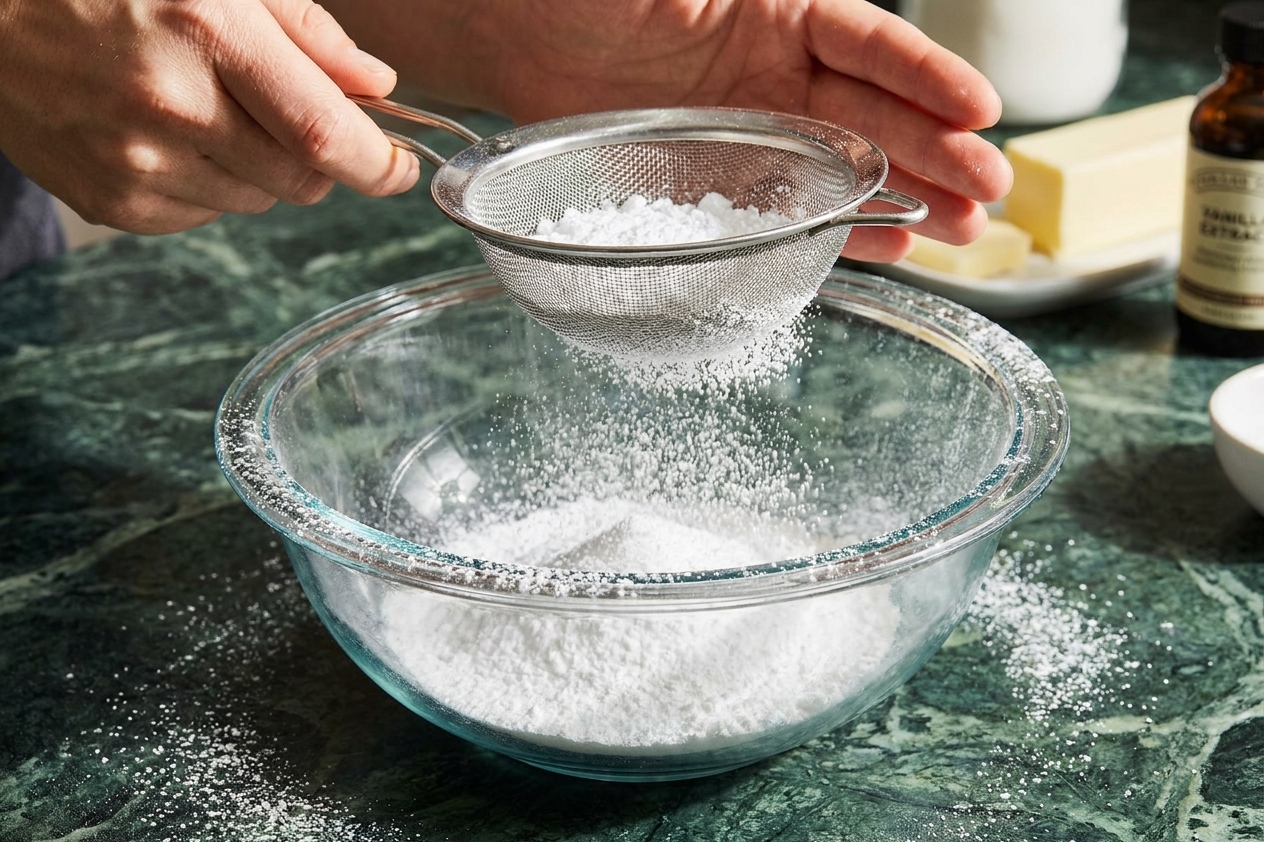 Powdered sugar being sifted through a fine mesh sieve into a glass mixing bowl on a clean kitchen counter