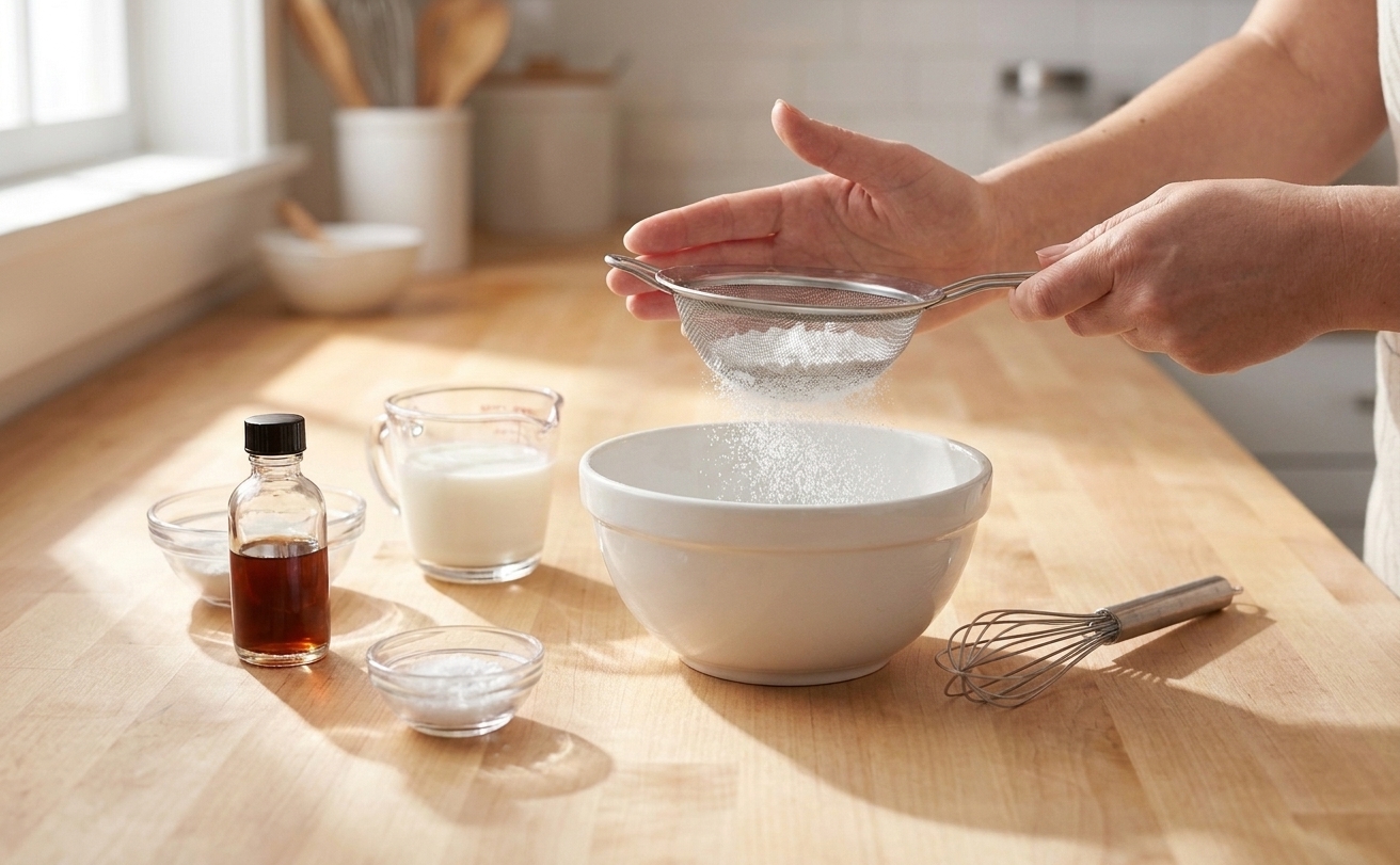 Powdered sugar being sifted through a fine mesh sieve into a white mixing bowl on a clean kitchen counter