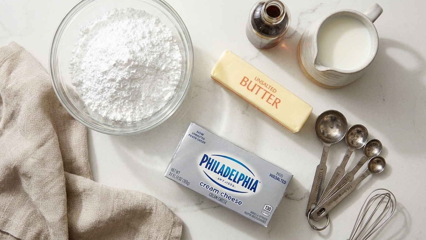 Powdered sugar, butter, cream cheese, vanilla extract, and milk arranged on a light stone countertop with measuring spoons