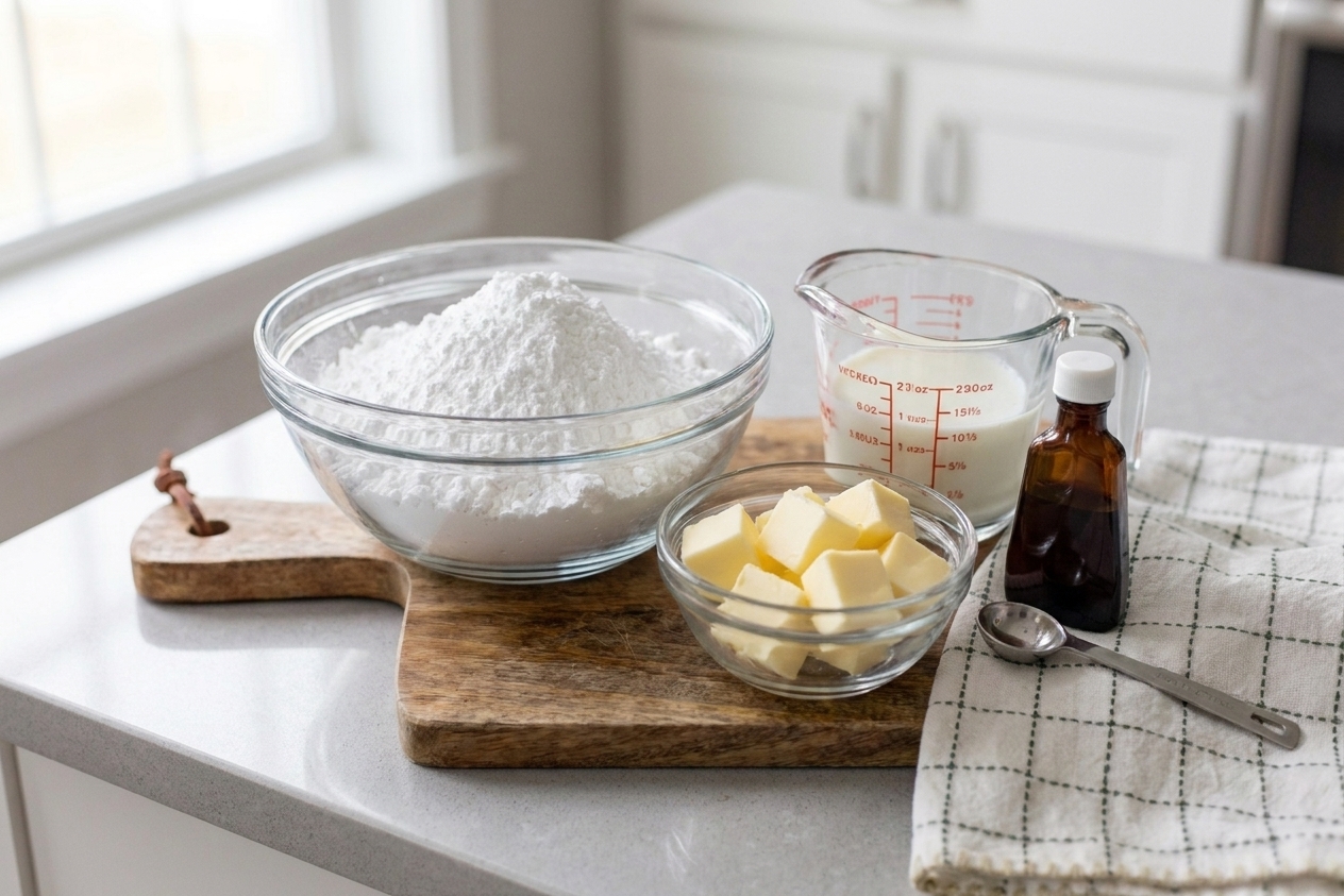 Powdered sugar, butter, vanilla extract, and milk measured on a clean kitchen counter ready for frosting