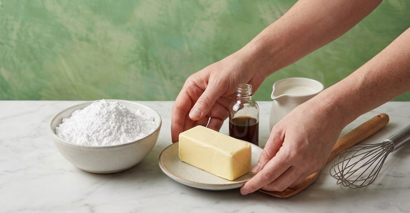 Powdered sugar, butter, vanilla extract, and milk measured on a kitchen counter ready for frosting