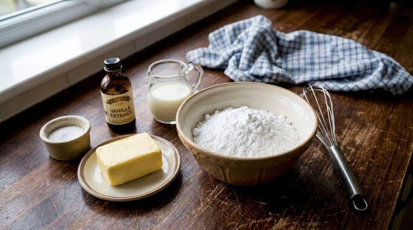 Powdered sugar, butter, vanilla extract, milk, and salt measured on a clean kitchen counter, ready to make icing