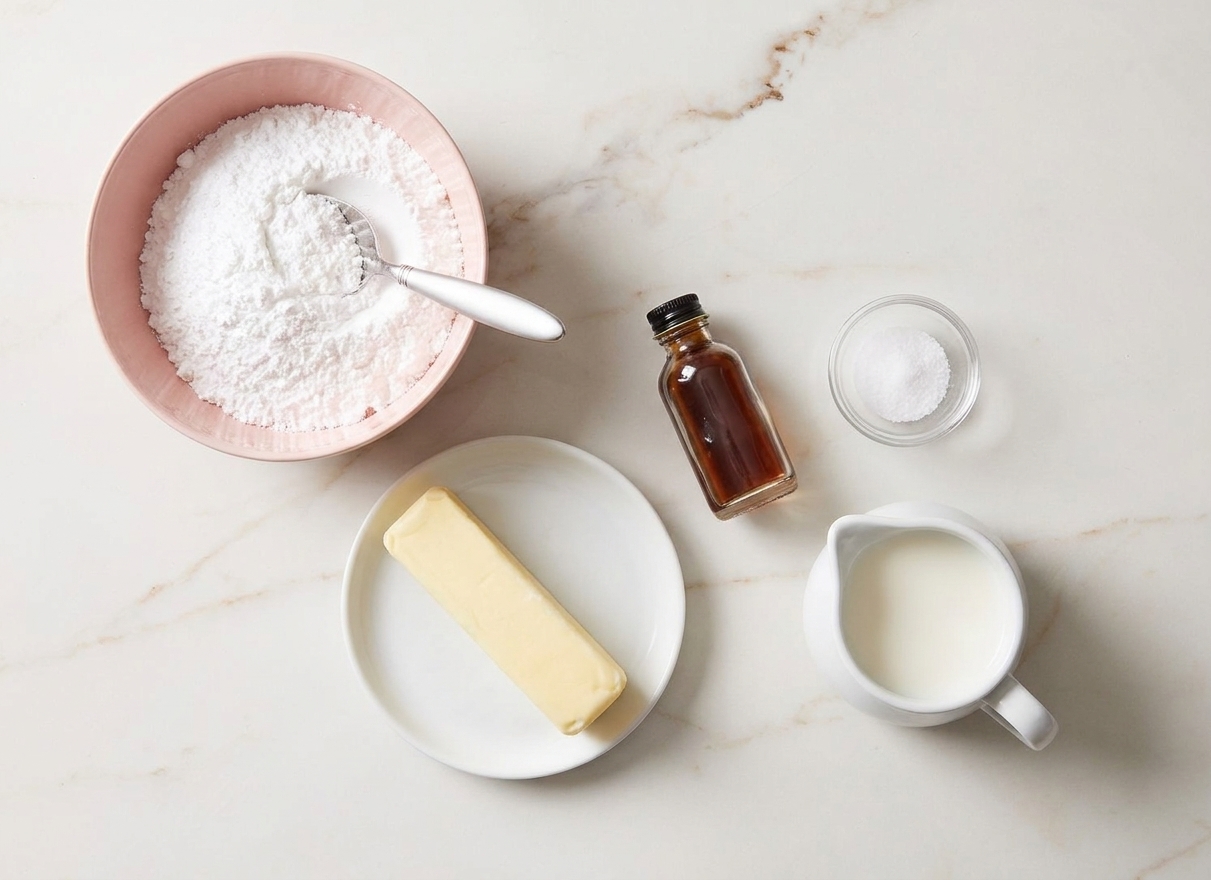 Powdered sugar, butter, vanilla extract, salt, and a small pitcher of milk arranged on a tidy kitchen counter