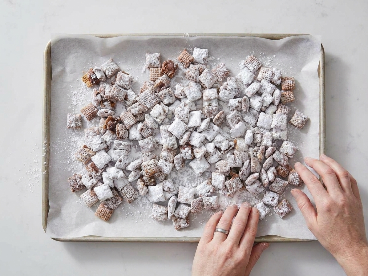 Powdered sugar coated Muddy Buddies spread out on a parchment-lined baking sheet to cool