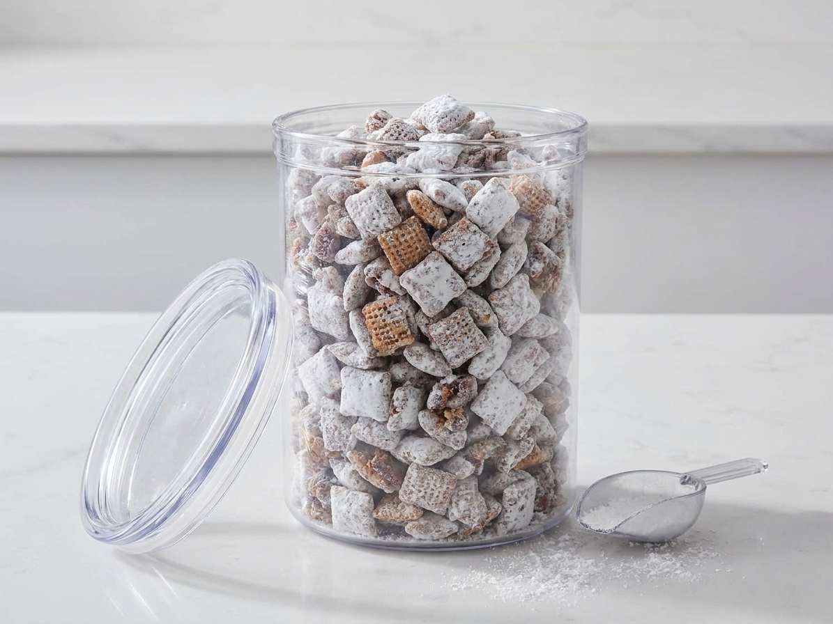 Powdered sugar coated Muddy Buddies stored in a clear airtight container on a kitchen counter with the lid beside it