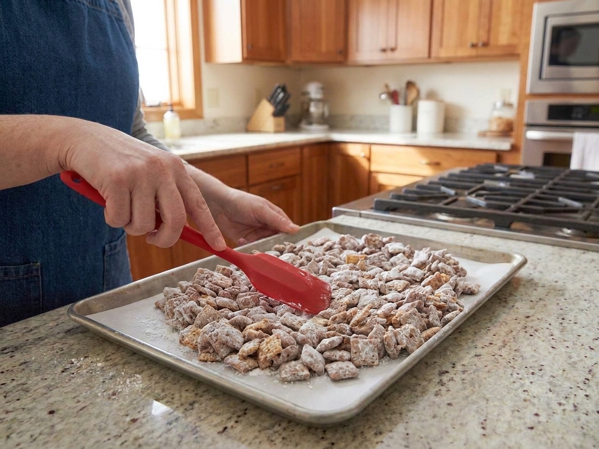 Powdered sugar coated muddy buddy spread in a single layer on a parchment-lined baking sheet on a kitchen counter
