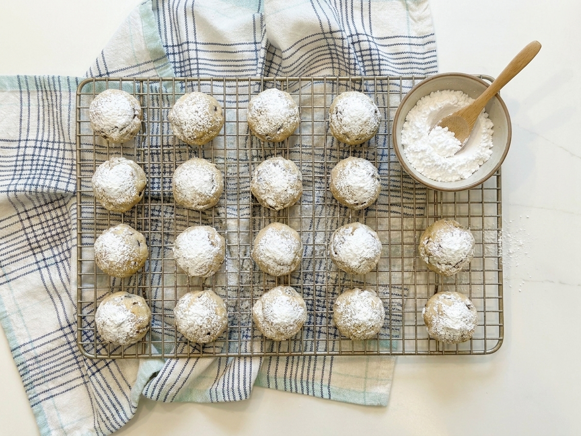 Powdered sugar coated snowball cookies cooling on a wire rack with a small bowl of powdered sugar nearby