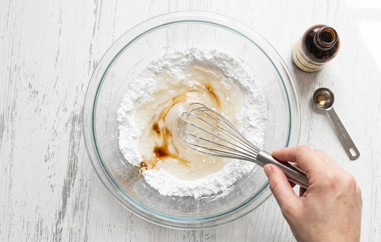 Powdered sugar, corn syrup, and vanilla being whisked together in a glass mixing bowl on a bright kitchen counter