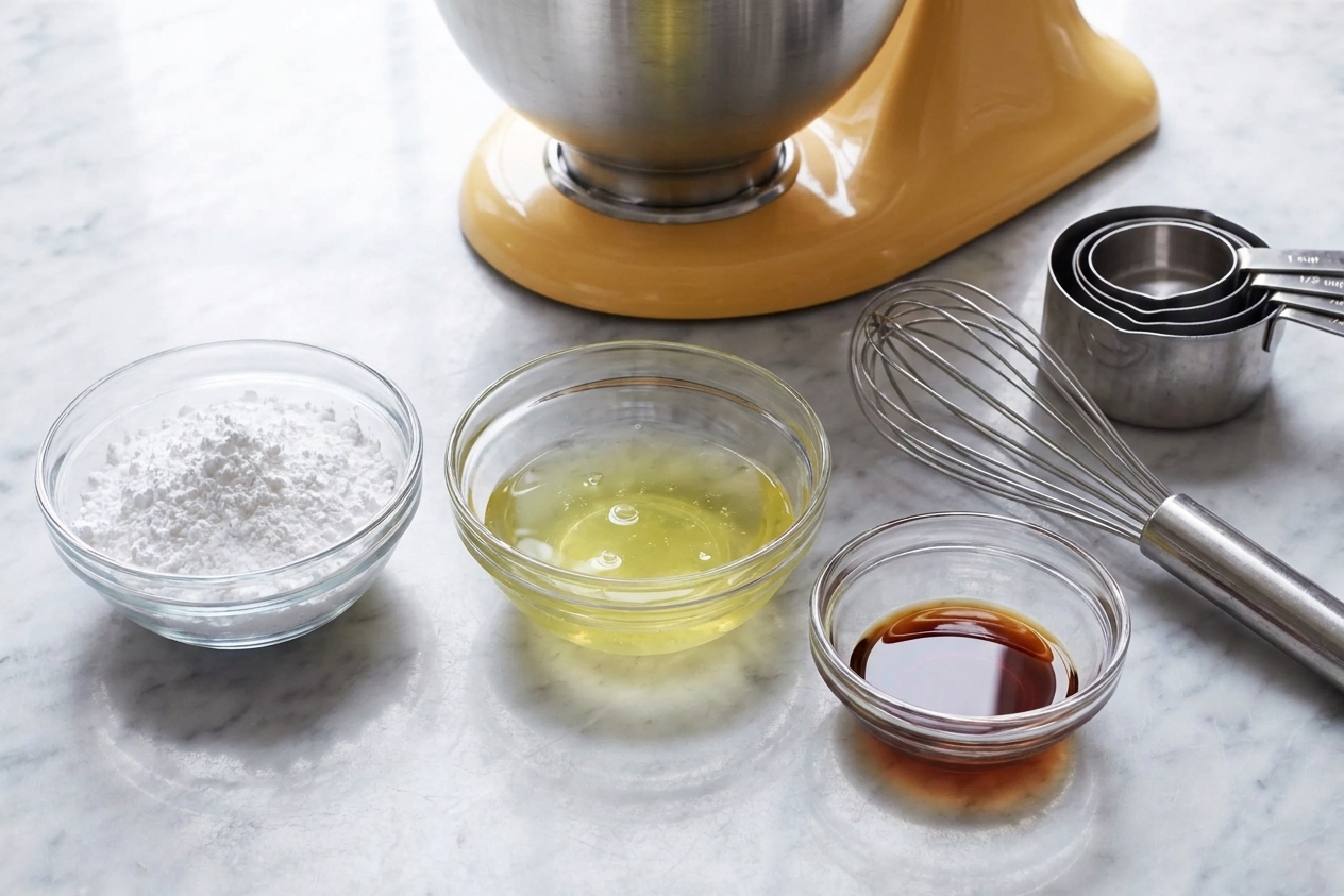 Powdered sugar, egg whites, and vanilla set out in small bowls on a clean kitchen counter with a whisk and measuring cups