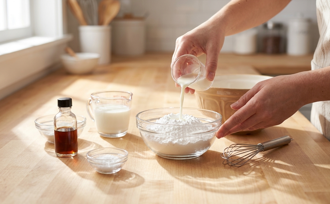 Powdered sugar, milk, vanilla extract, and a pinch of salt measured on a bright kitchen counter with a small whisk and bowl
